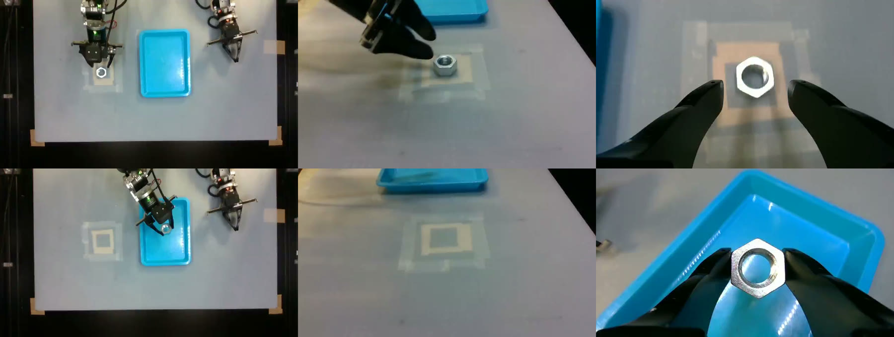 Six camera frames from the recording cell: overhead, side and wrist views at two moments of a nut pick-and-place episode