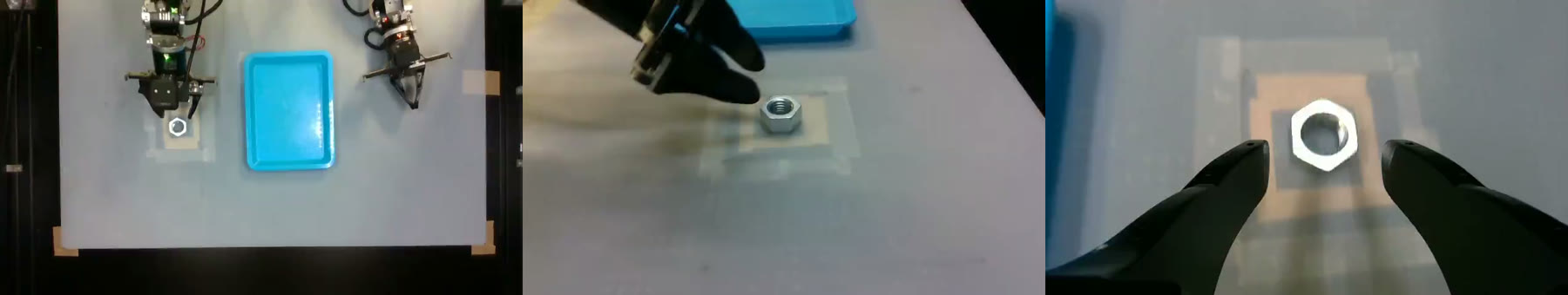 Overhead, side and wrist camera frames showing the hex nut on its placement mark and the blue tray